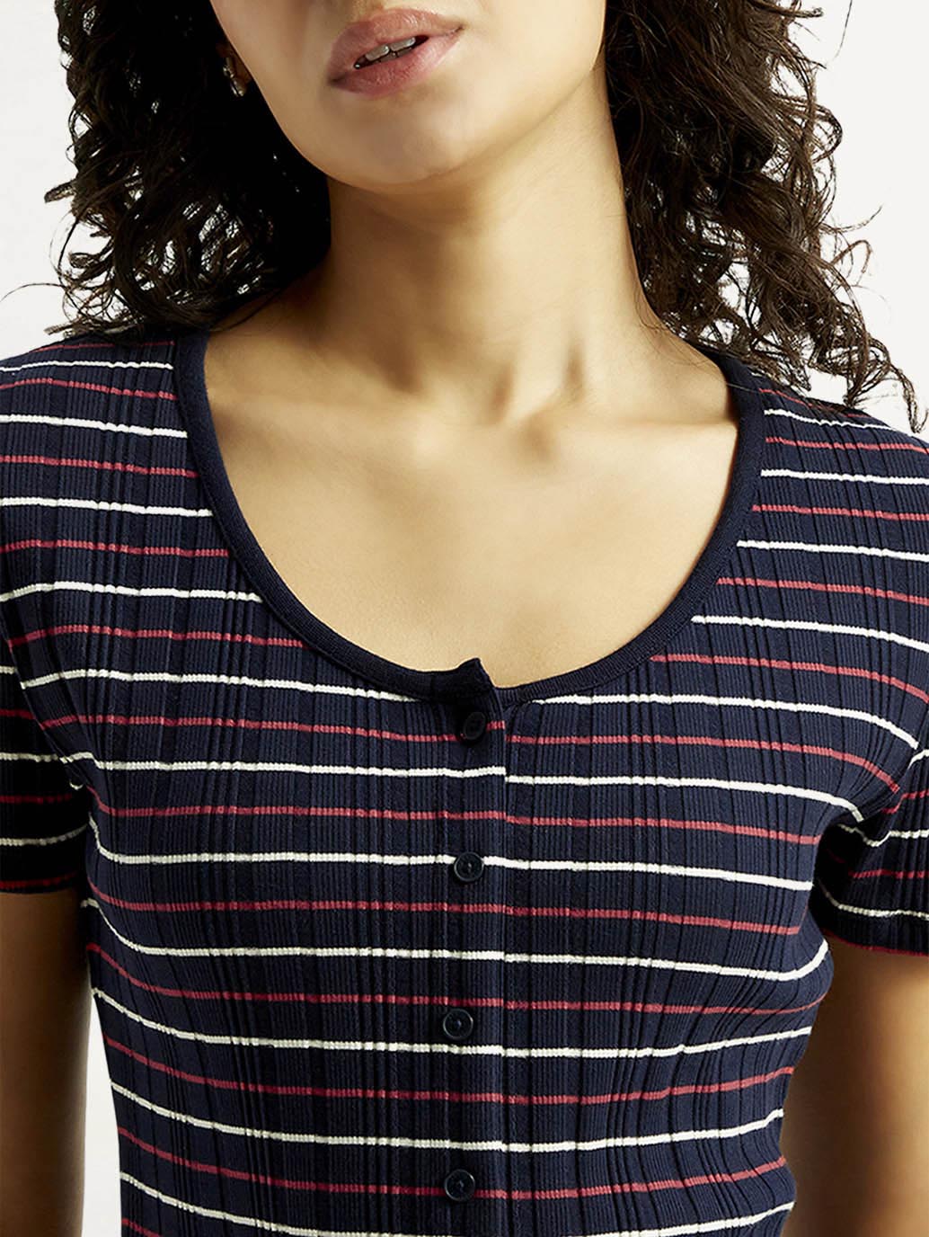 Women's Striped Navy Scoop Neck Top