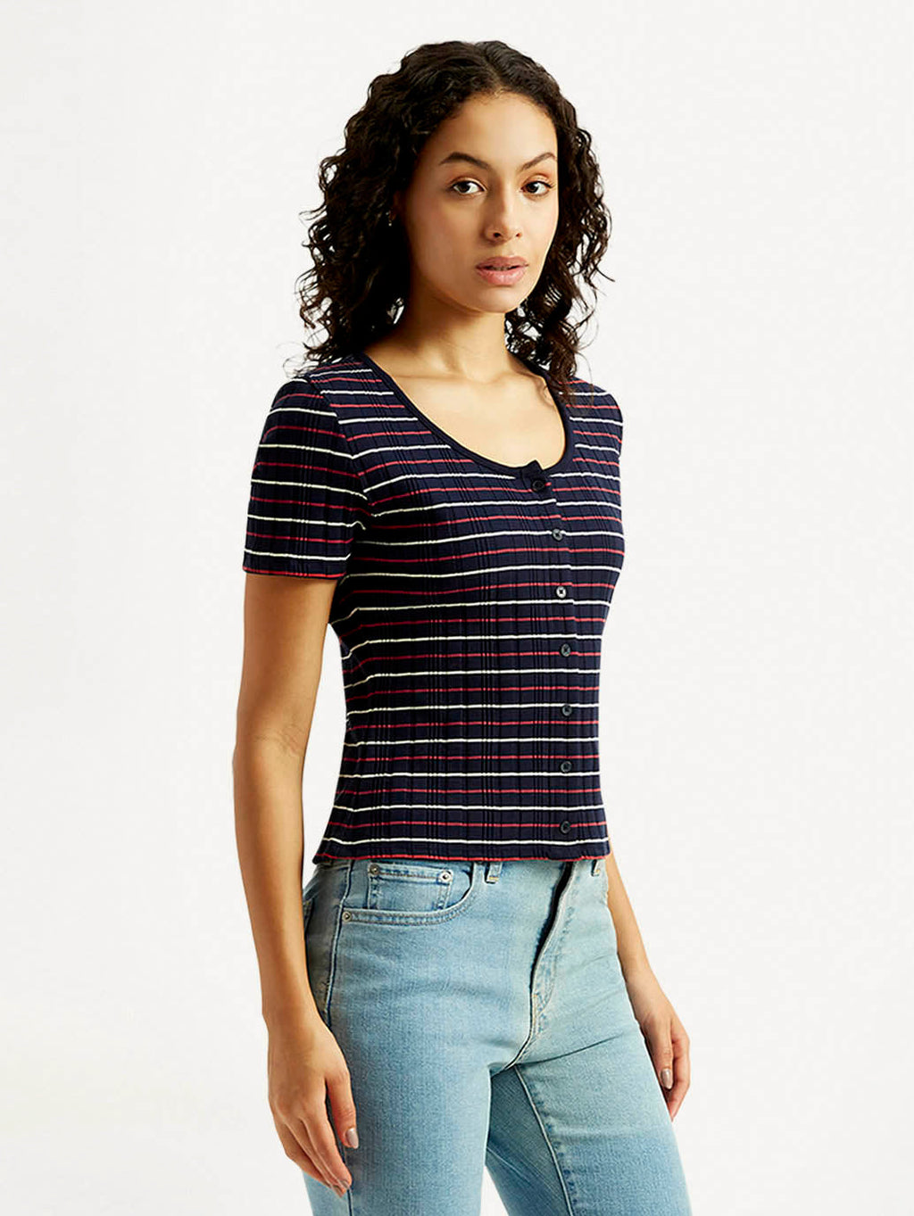 Women's Striped Navy Scoop Neck Top