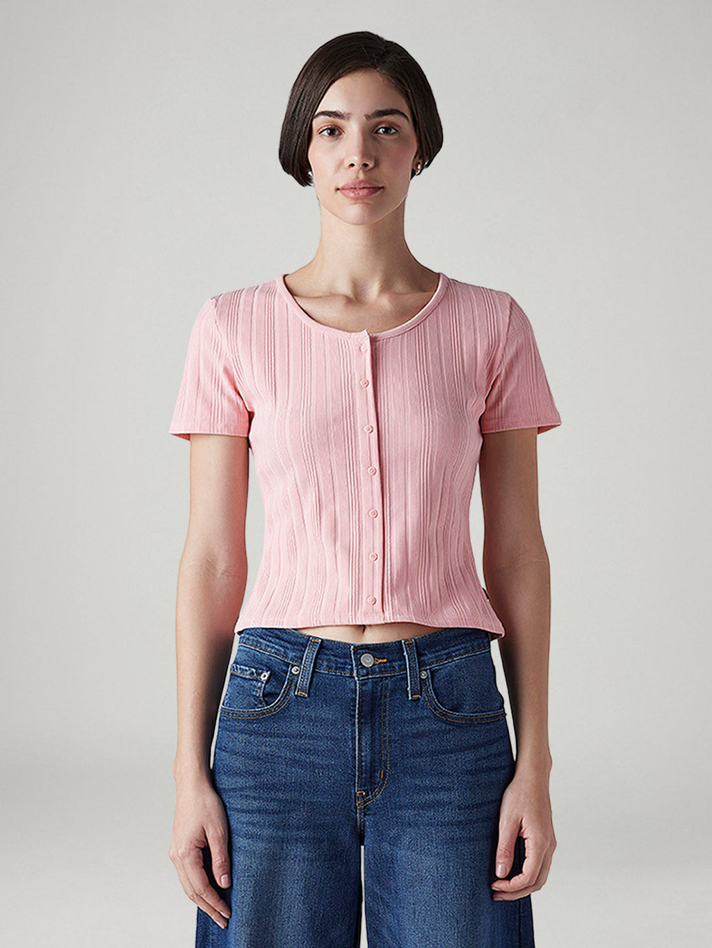Women's Self Design Pink Round Neck Top