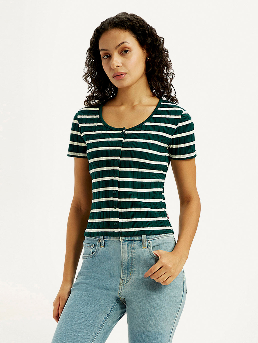 Women's Striped Dark Green Scoop Neck Top