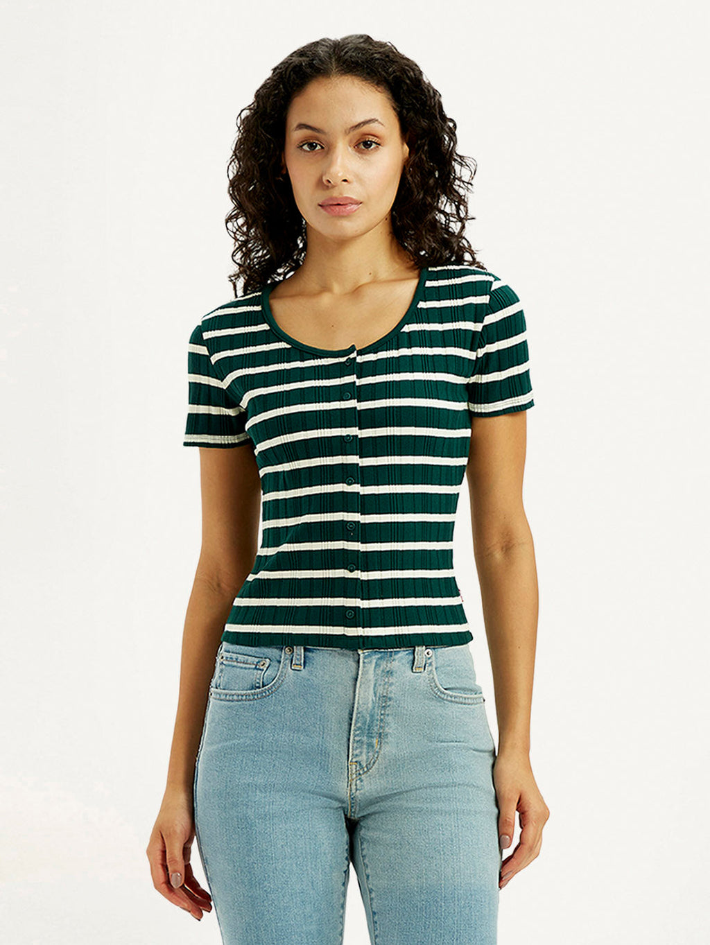Women's Striped Dark Green Scoop Neck Top