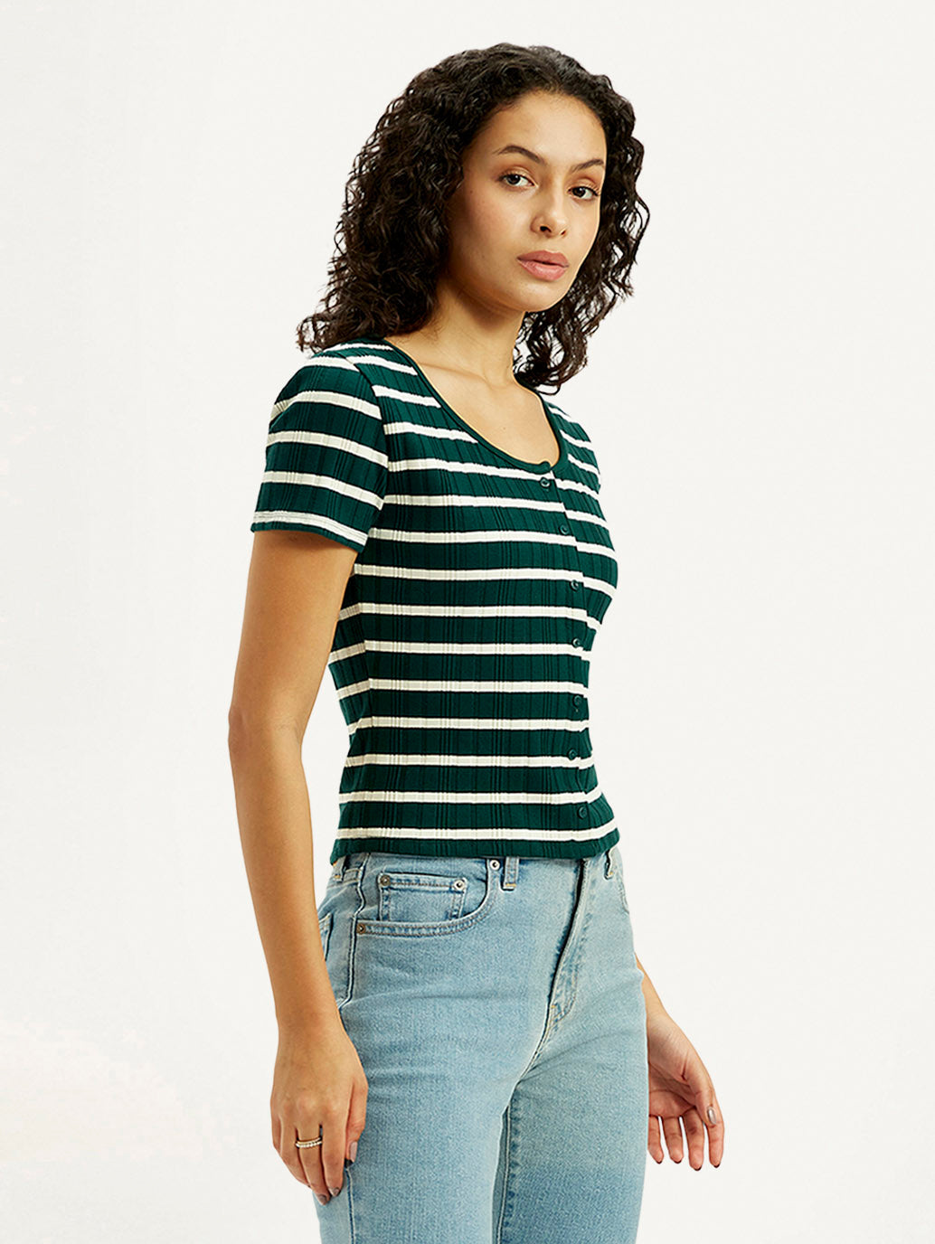 Women's Striped Dark Green Scoop Neck Top