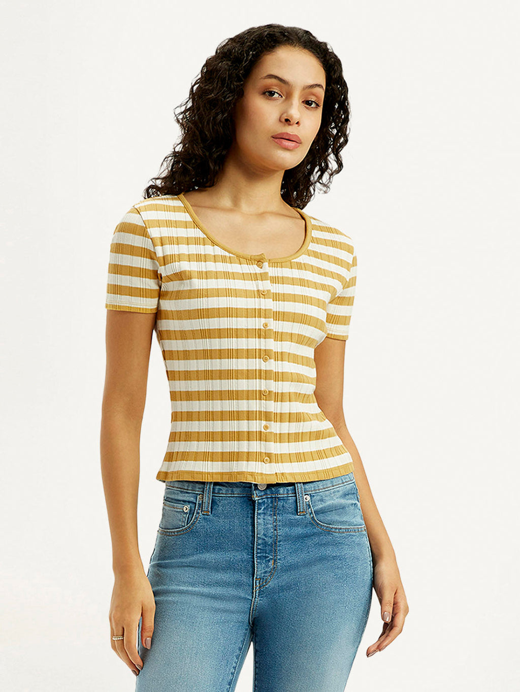 Women's Striped Yellow Scoop Neck Top