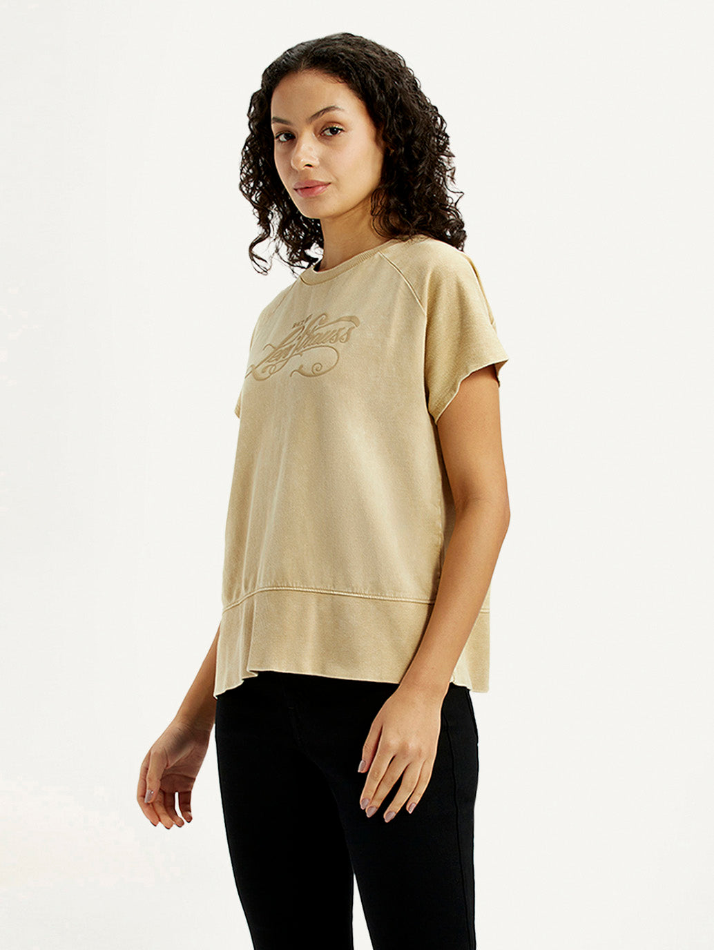 Women's Brand Logo Beige Relaxed Fit T-shirt