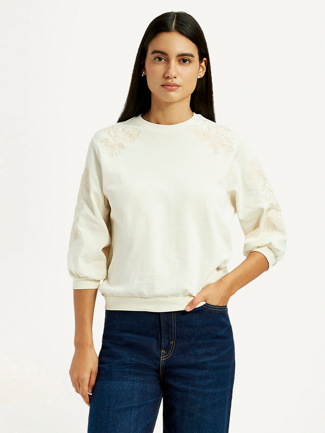 Women's Embroidered Cream Crew Neck Top