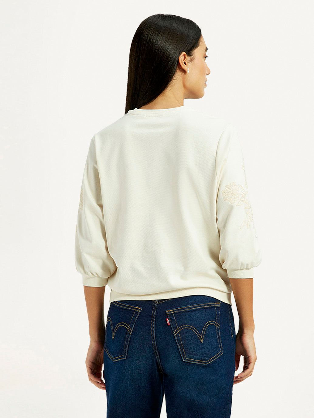 Women's Embroidered Cream Crew Neck Top
