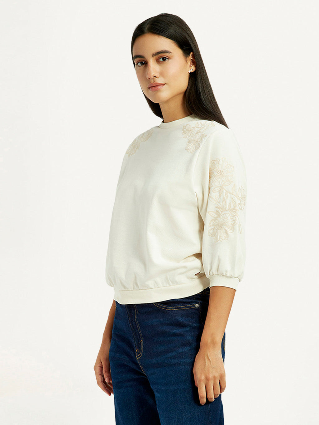 Women's Embroidered Cream Crew Neck Top