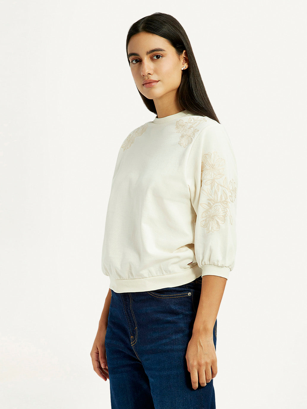 Women's Embroidered Cream Crew Neck Top