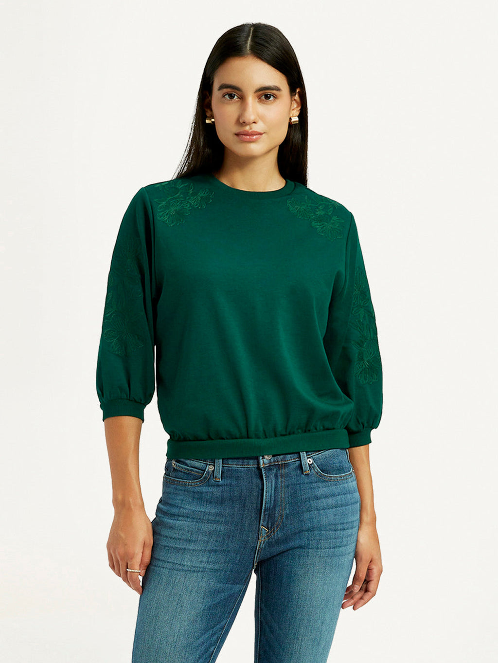 Women's Embroidered Dark Green Crew Neck Top