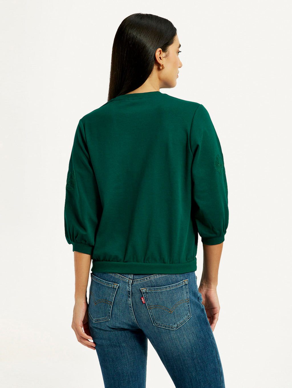 Women's Embroidered Dark Green Crew Neck Top