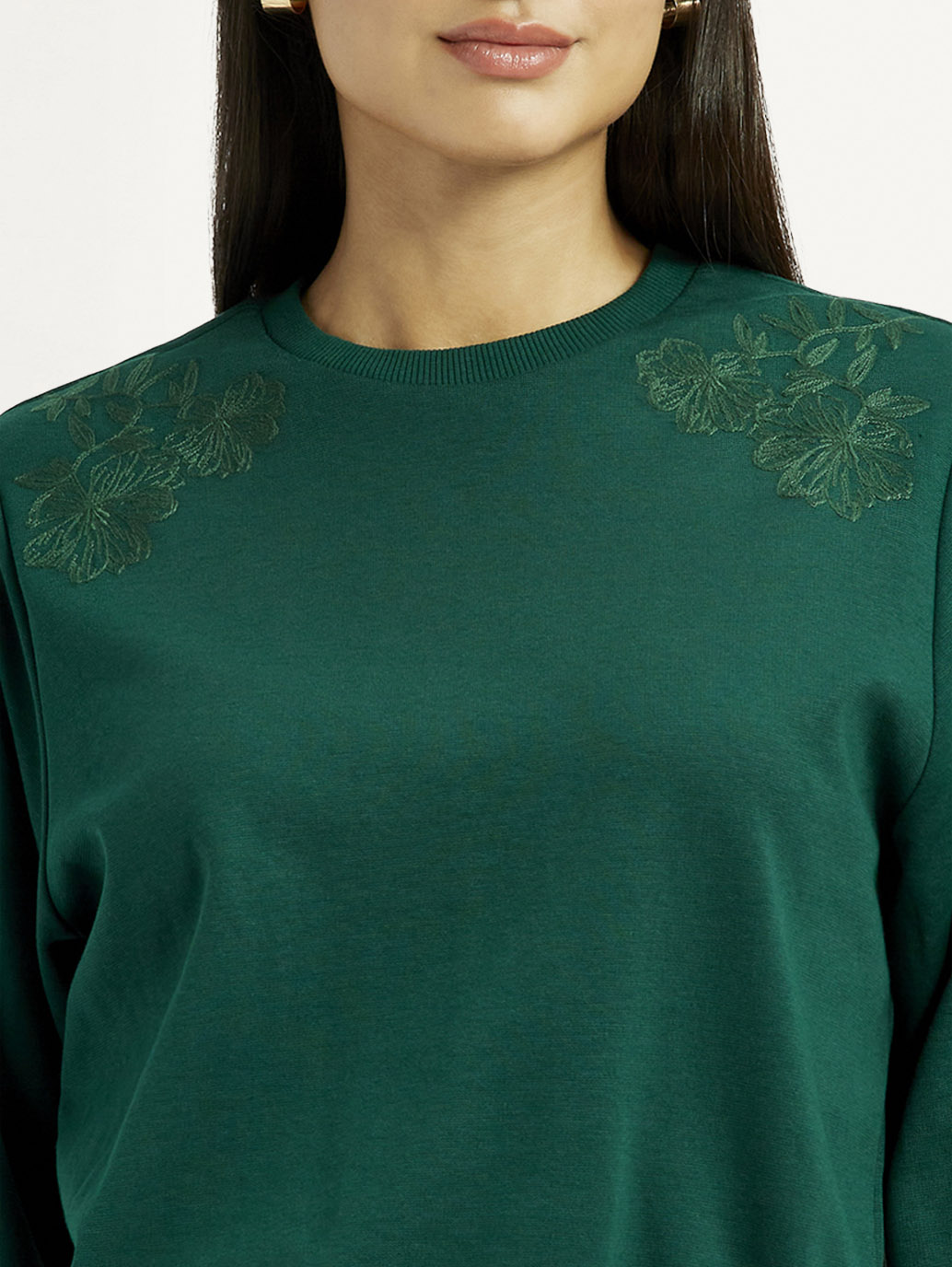 Women's Embroidered Dark Green Crew Neck Top
