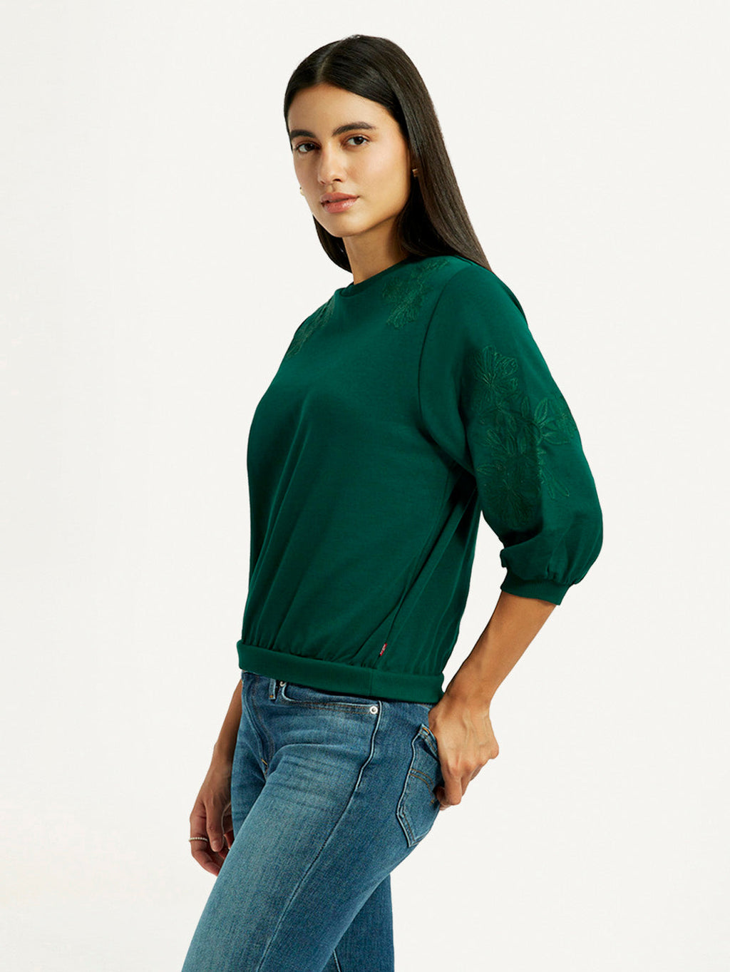 Women's Embroidered Dark Green Crew Neck Top