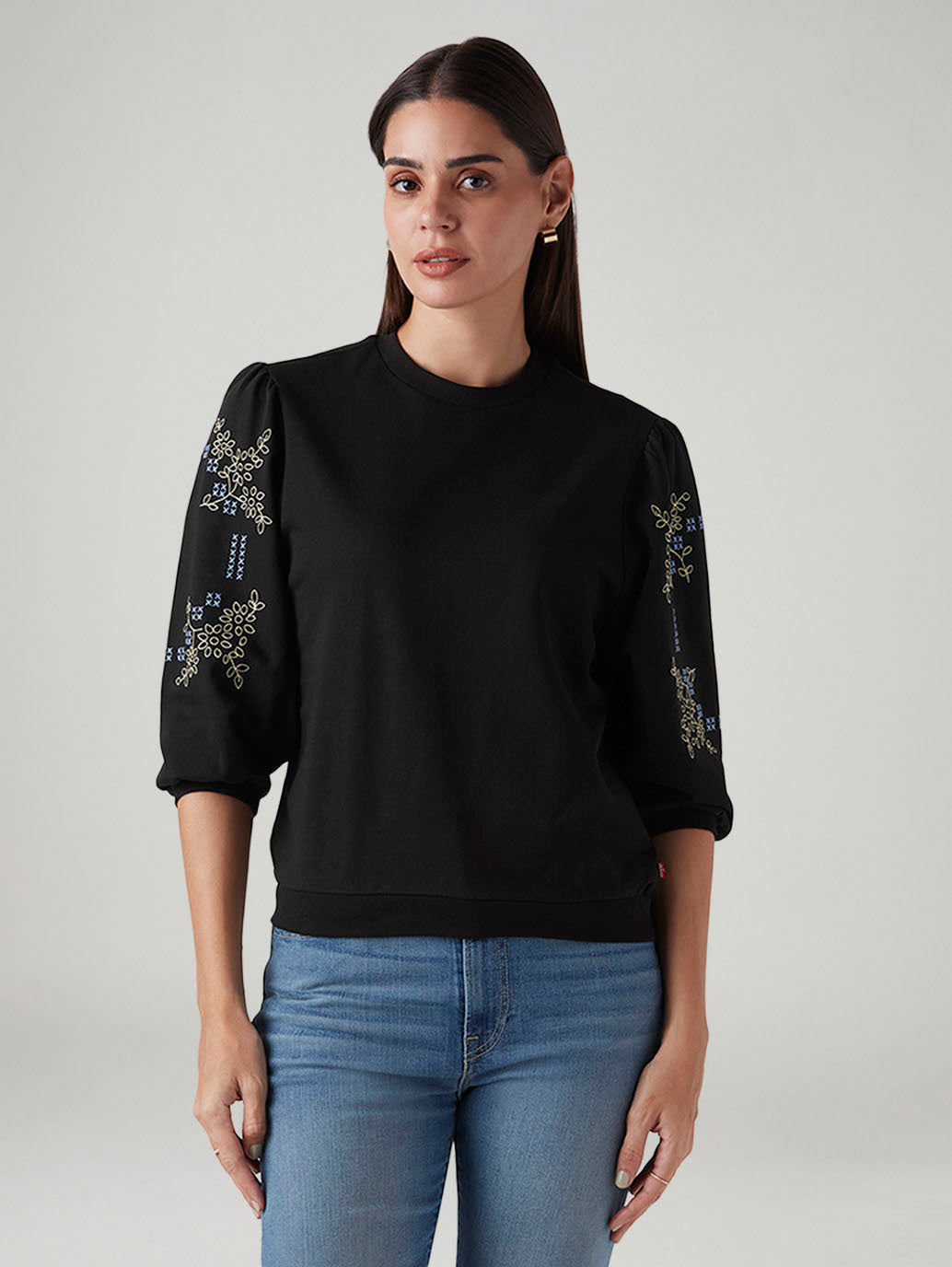 Women's Black Regular Fit Embroidery Top