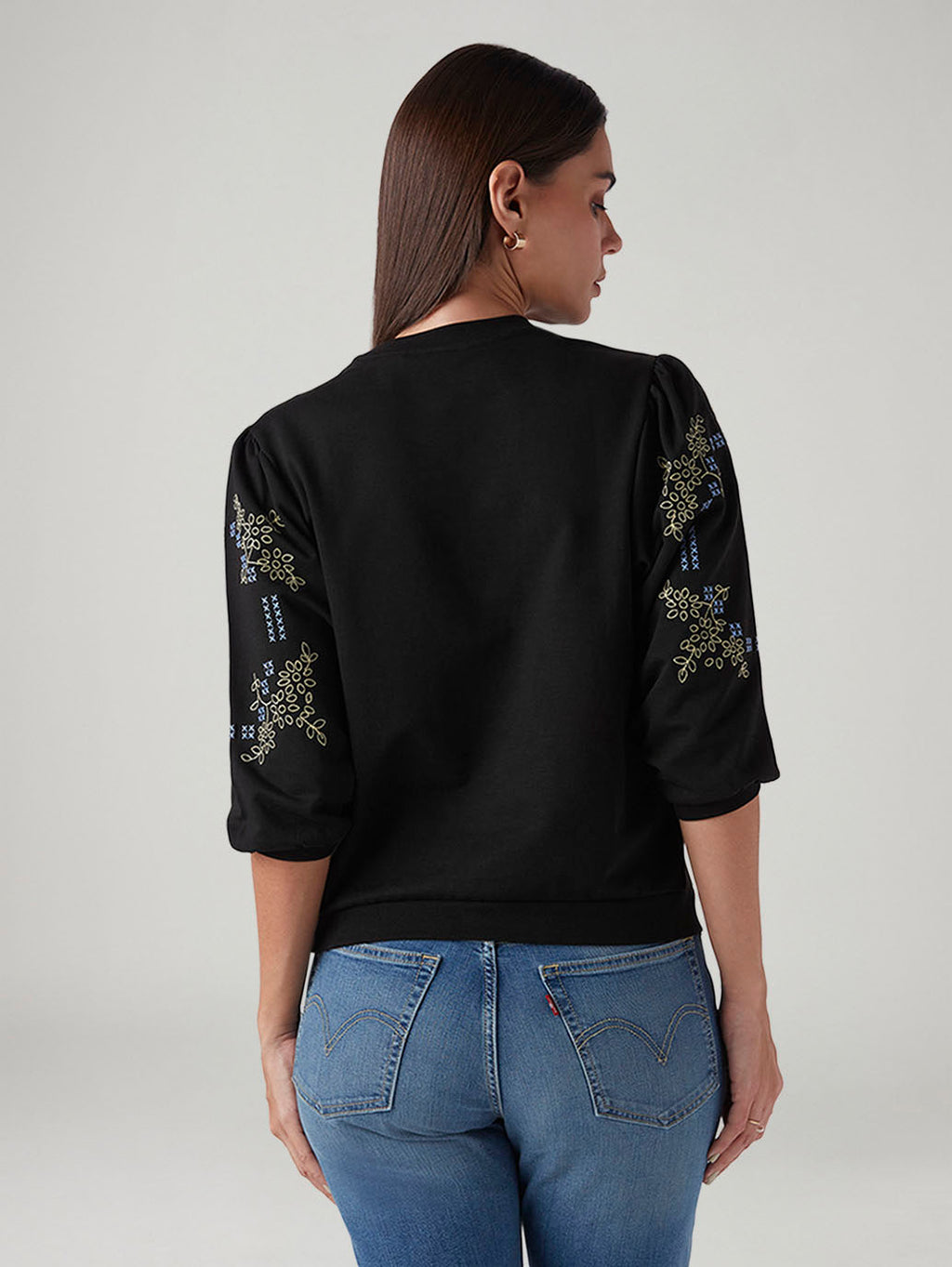 Women's Black Regular Fit Embroidery Top