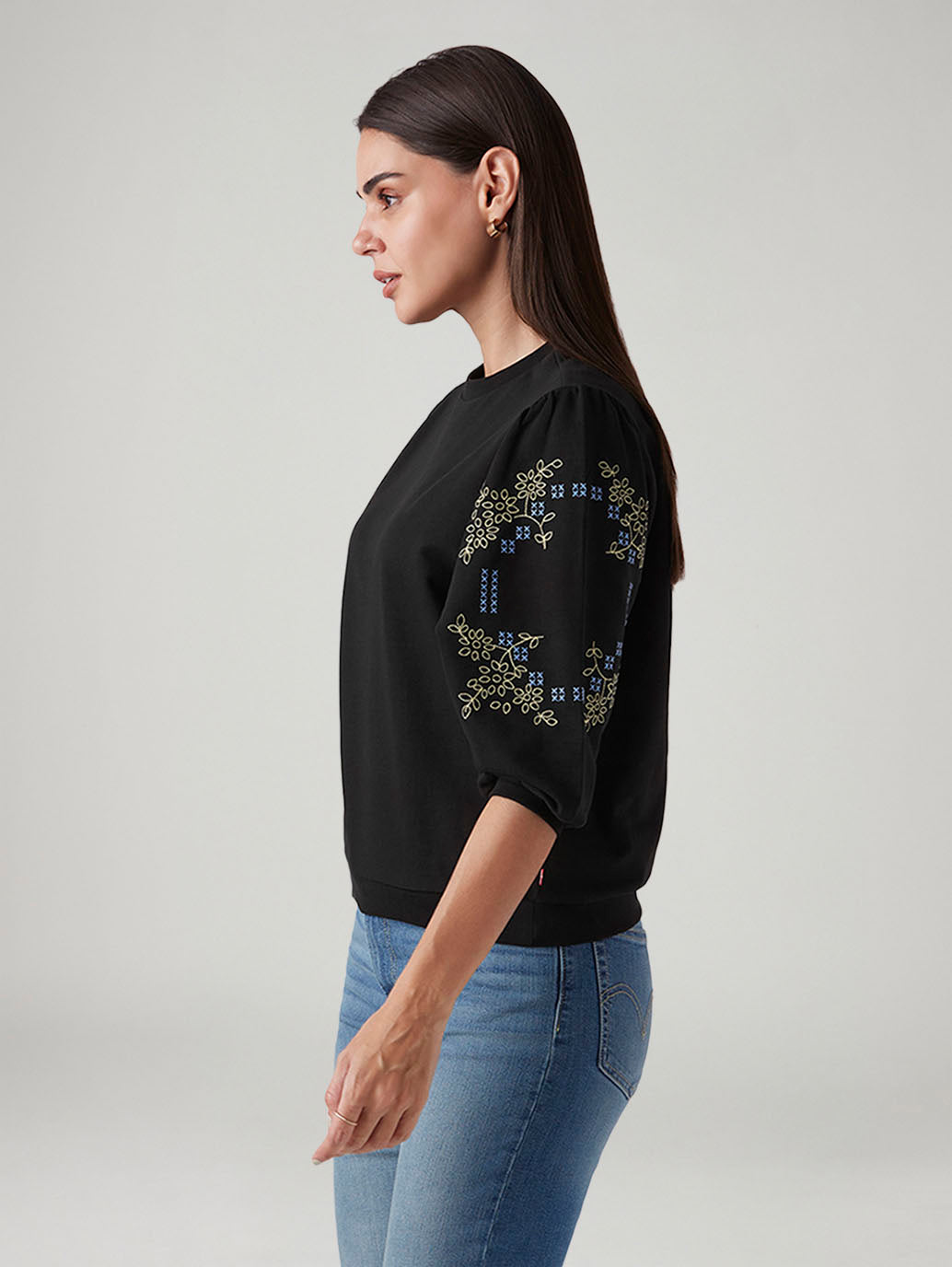 Women's Black Regular Fit Embroidery Top