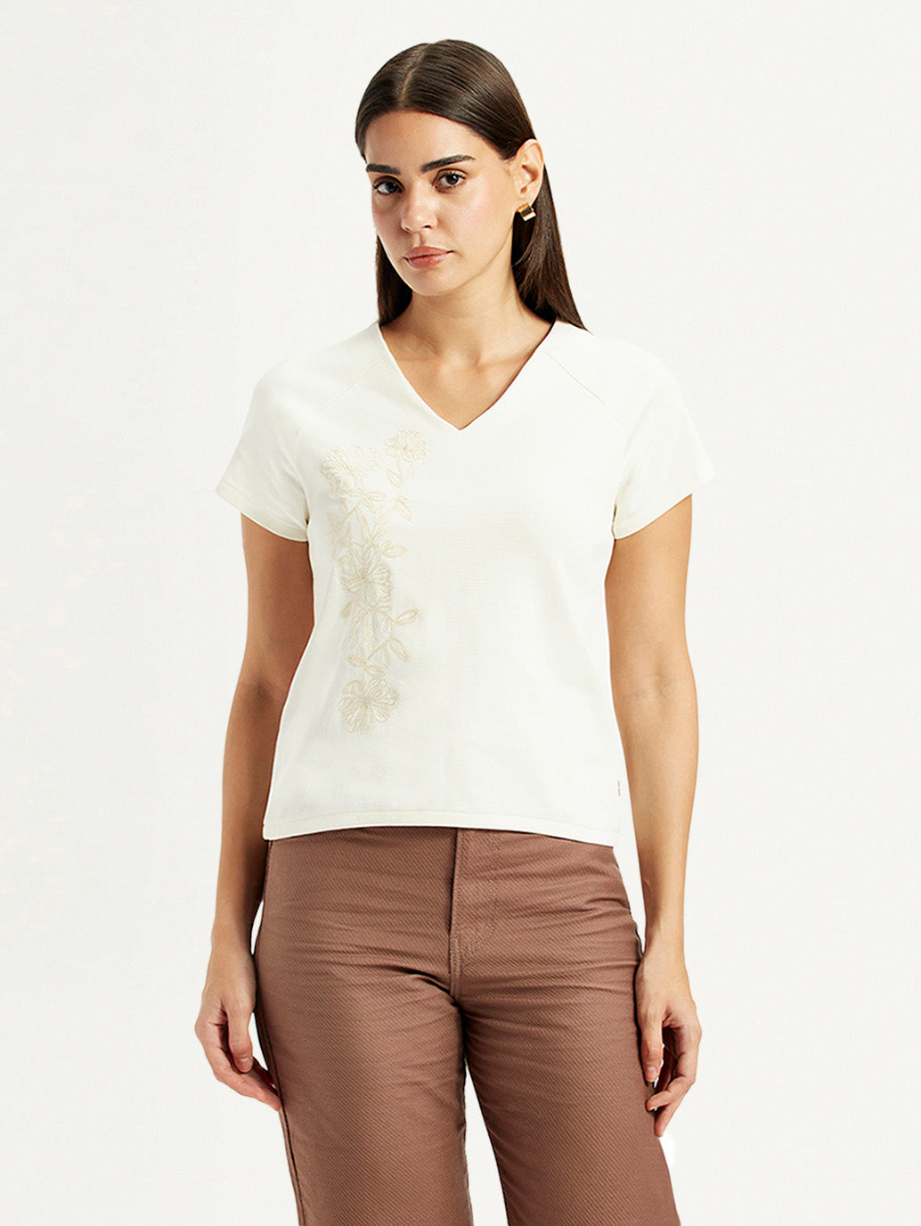 Women's Embroidered White V-Neck Top