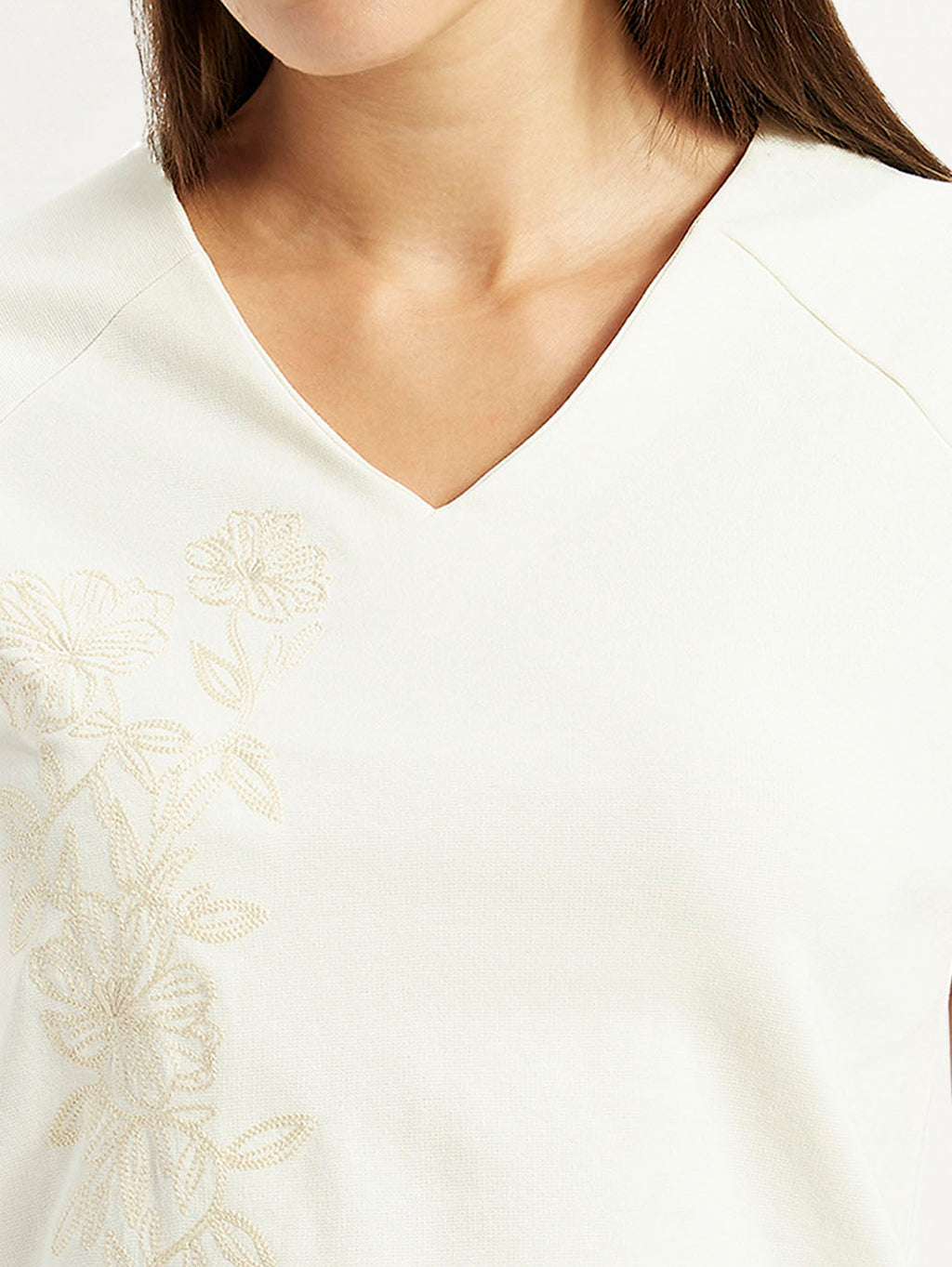 Women's Embroidered White V-Neck Top