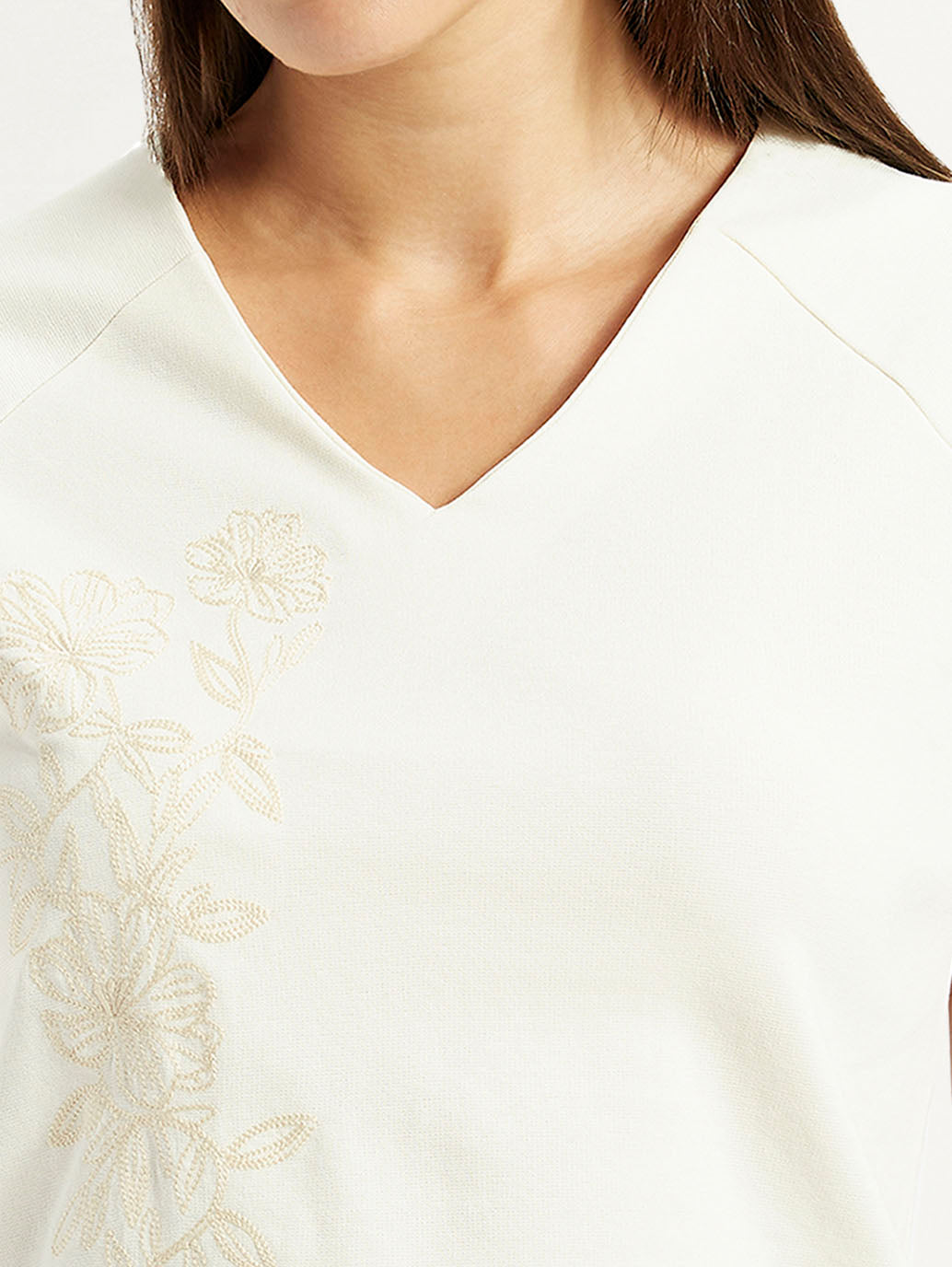 Women's Embroidered White V-Neck Top