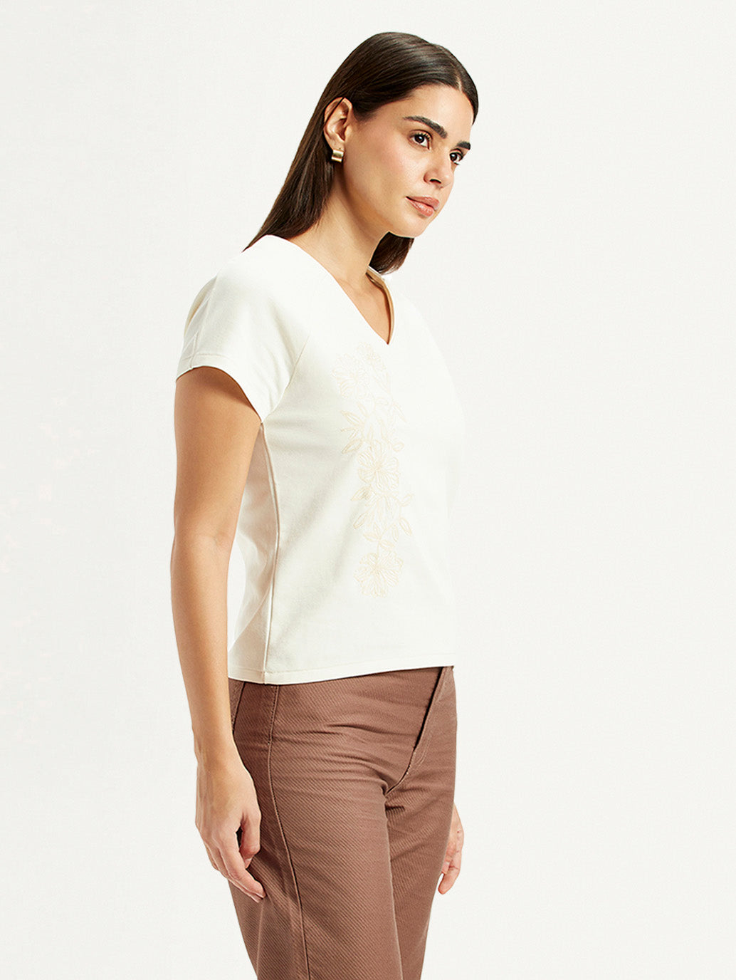 Women's Embroidered White V-Neck Top