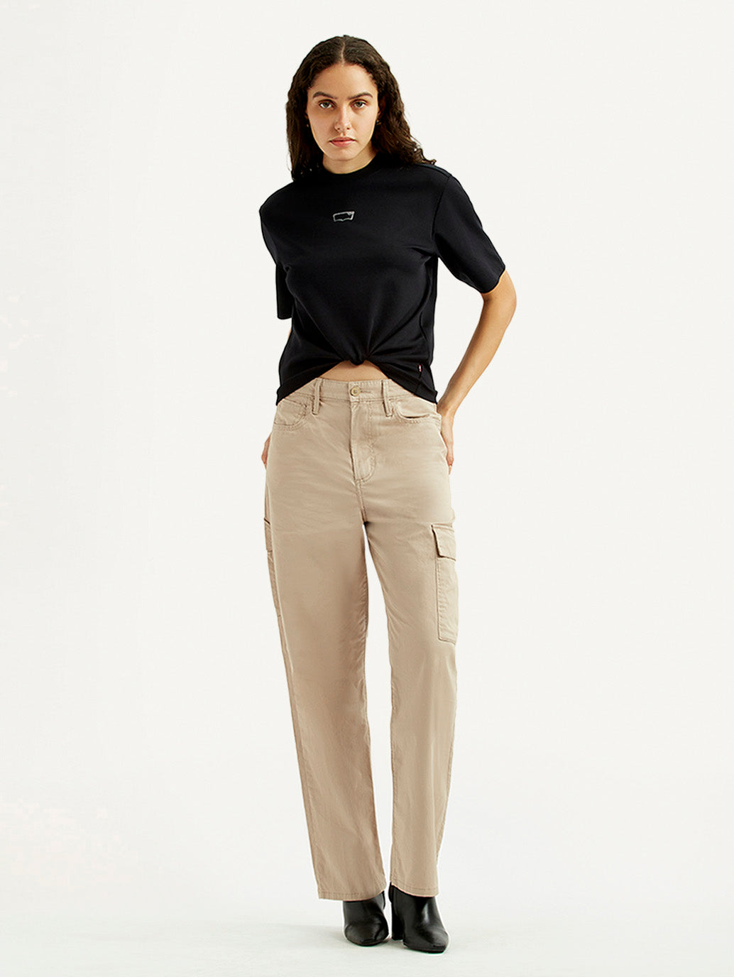 Women's High Rise Beige Ribcage Straight Fit Cargo Trousers