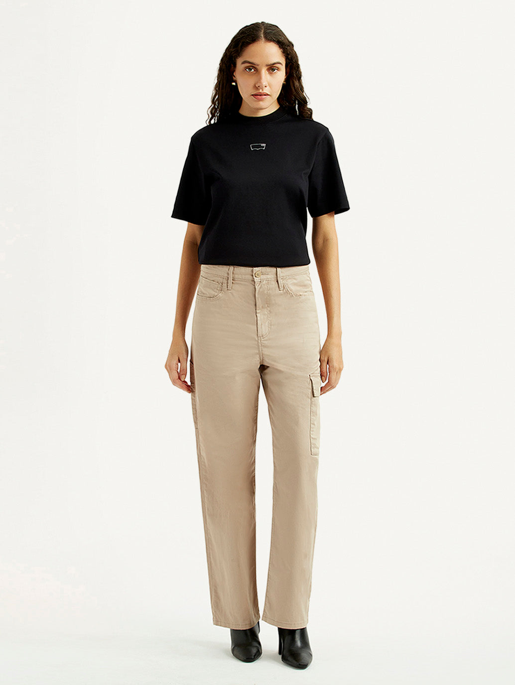 Women's High Rise Beige Ribcage Straight Fit Cargo Trousers