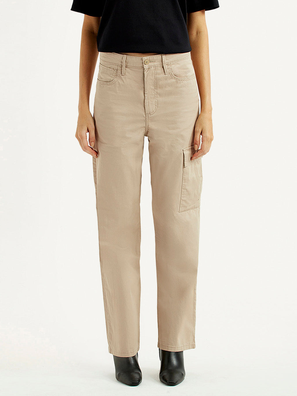 Women's High Rise Beige Ribcage Straight Fit Cargo Trousers