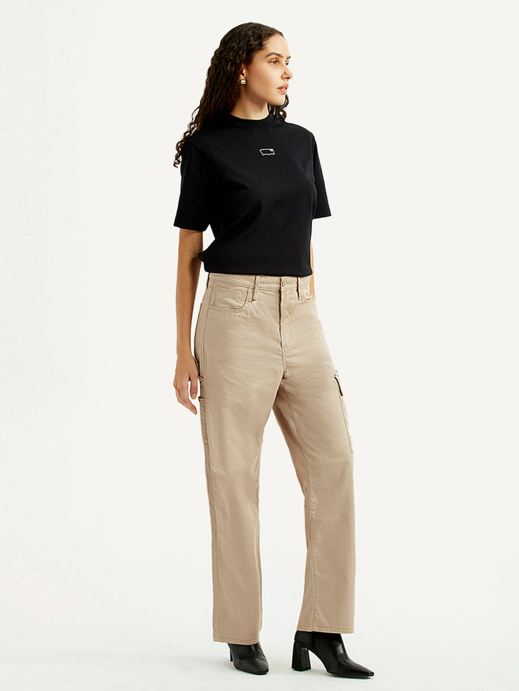 Women's High Rise Beige Ribcage Straight Fit Cargo Trousers