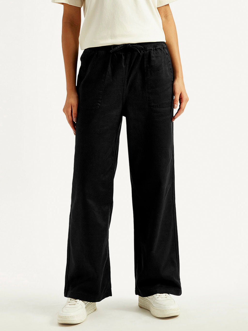 Women's Black Straight Fit Mid Rise Trousers