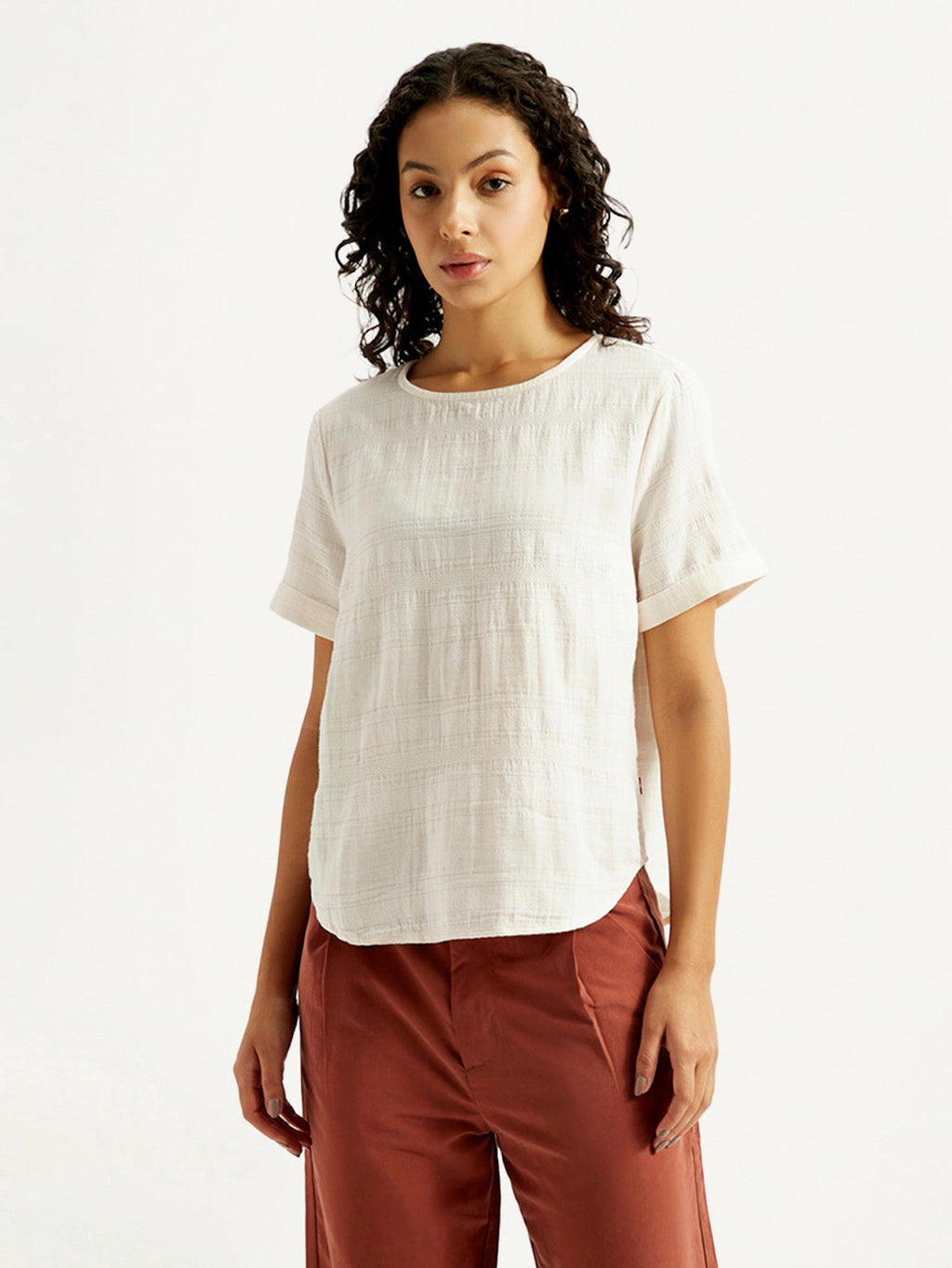 Women's Self Design Off White Round Neck Top