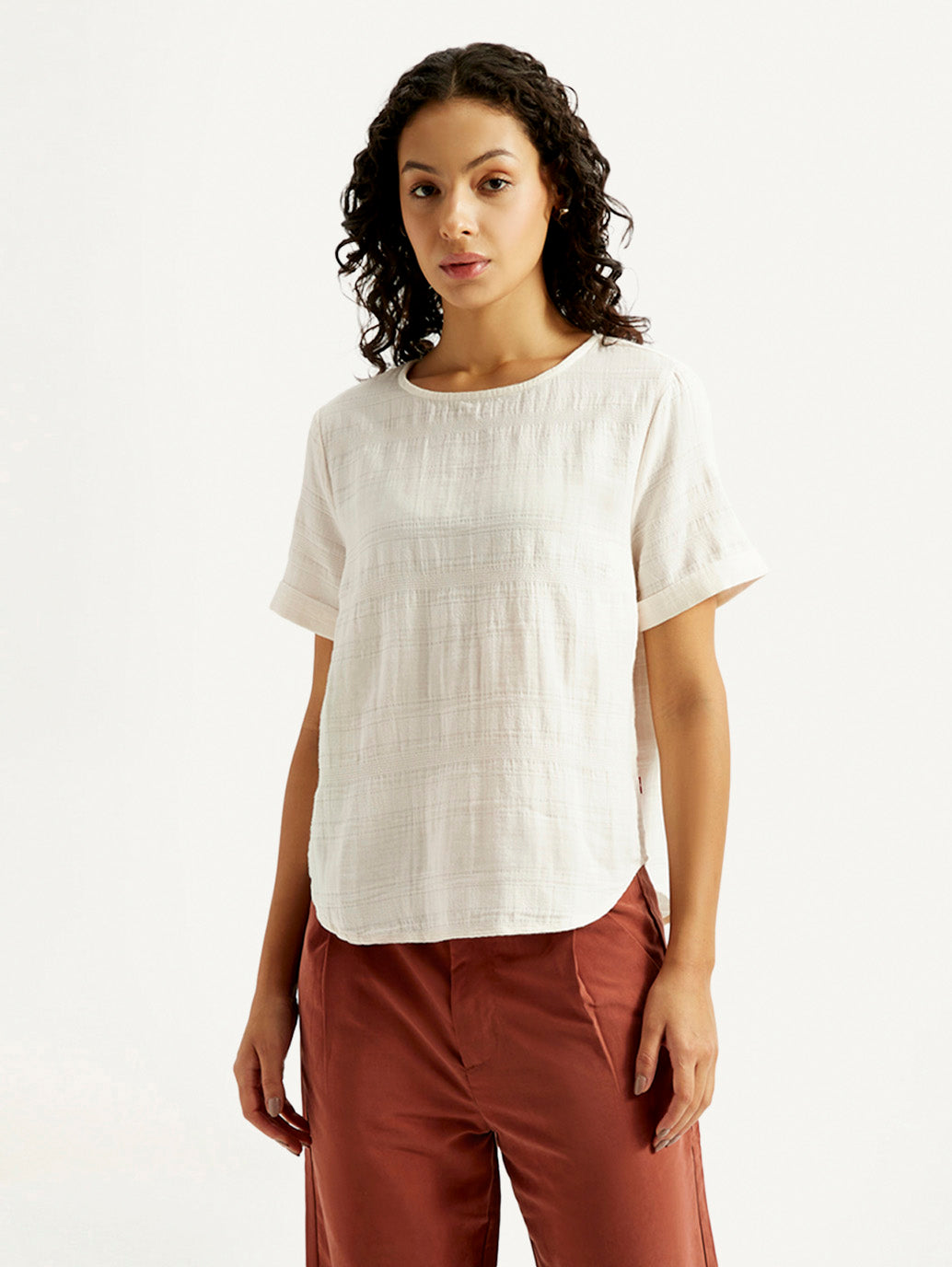 Women's Self Design Off White Round Neck Top