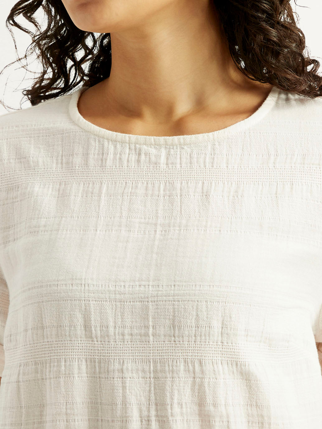 Women's Self Design Off White Round Neck Top