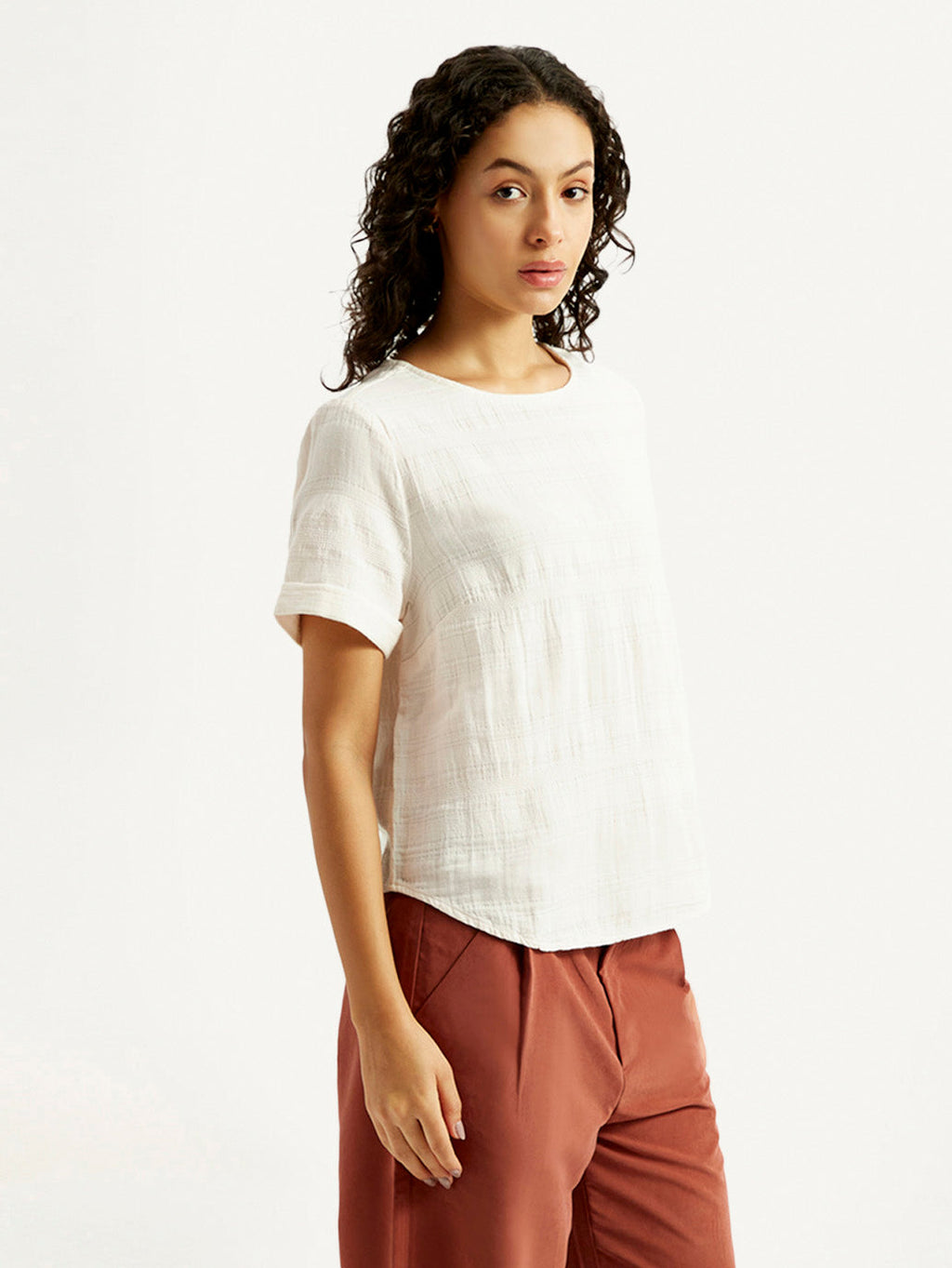 Women's Self Design Off White Round Neck Top