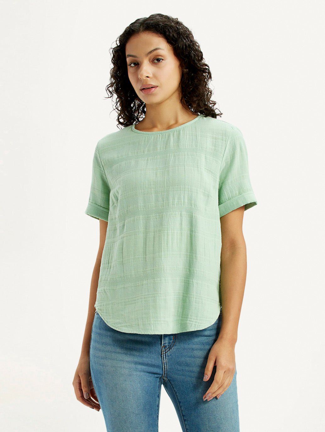 Women's Self Design Light Green Round Neck Top