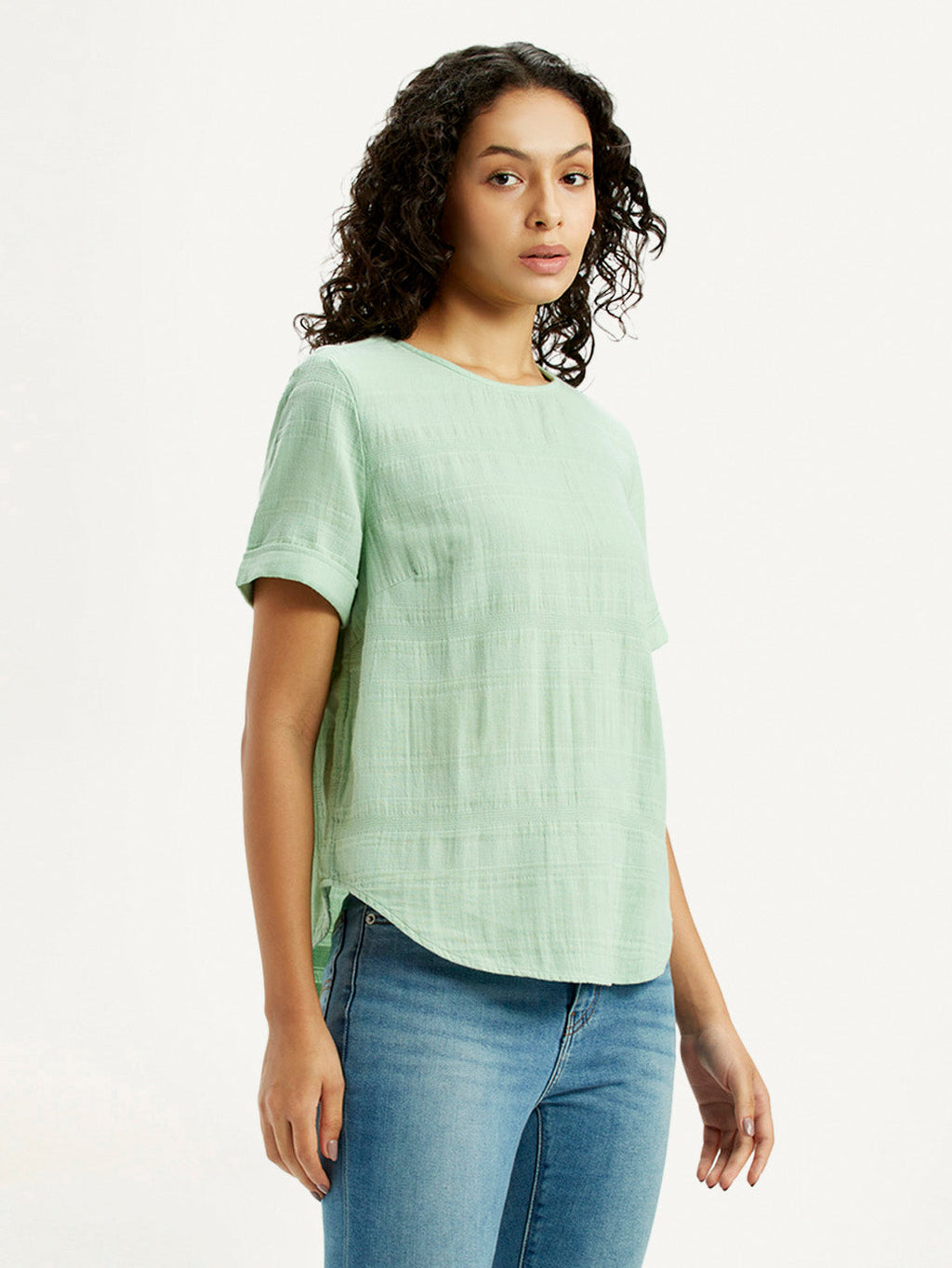 Women's Self Design Light Green Round Neck Top