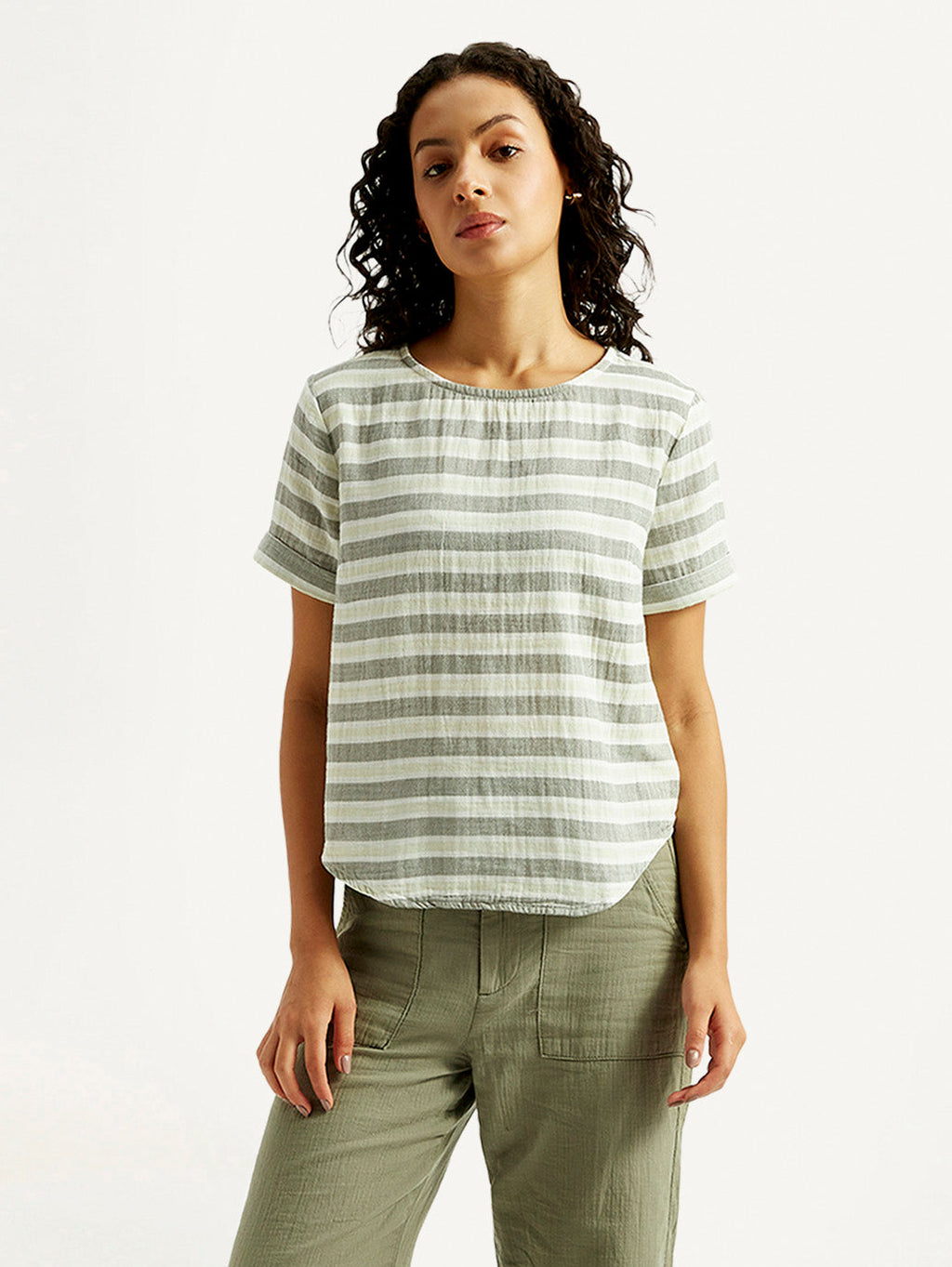 Women's Striped Green Round Neck Top