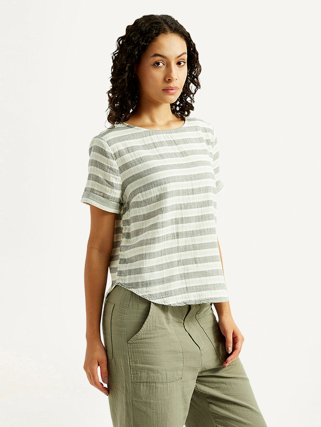 Women's Striped Green Round Neck Top