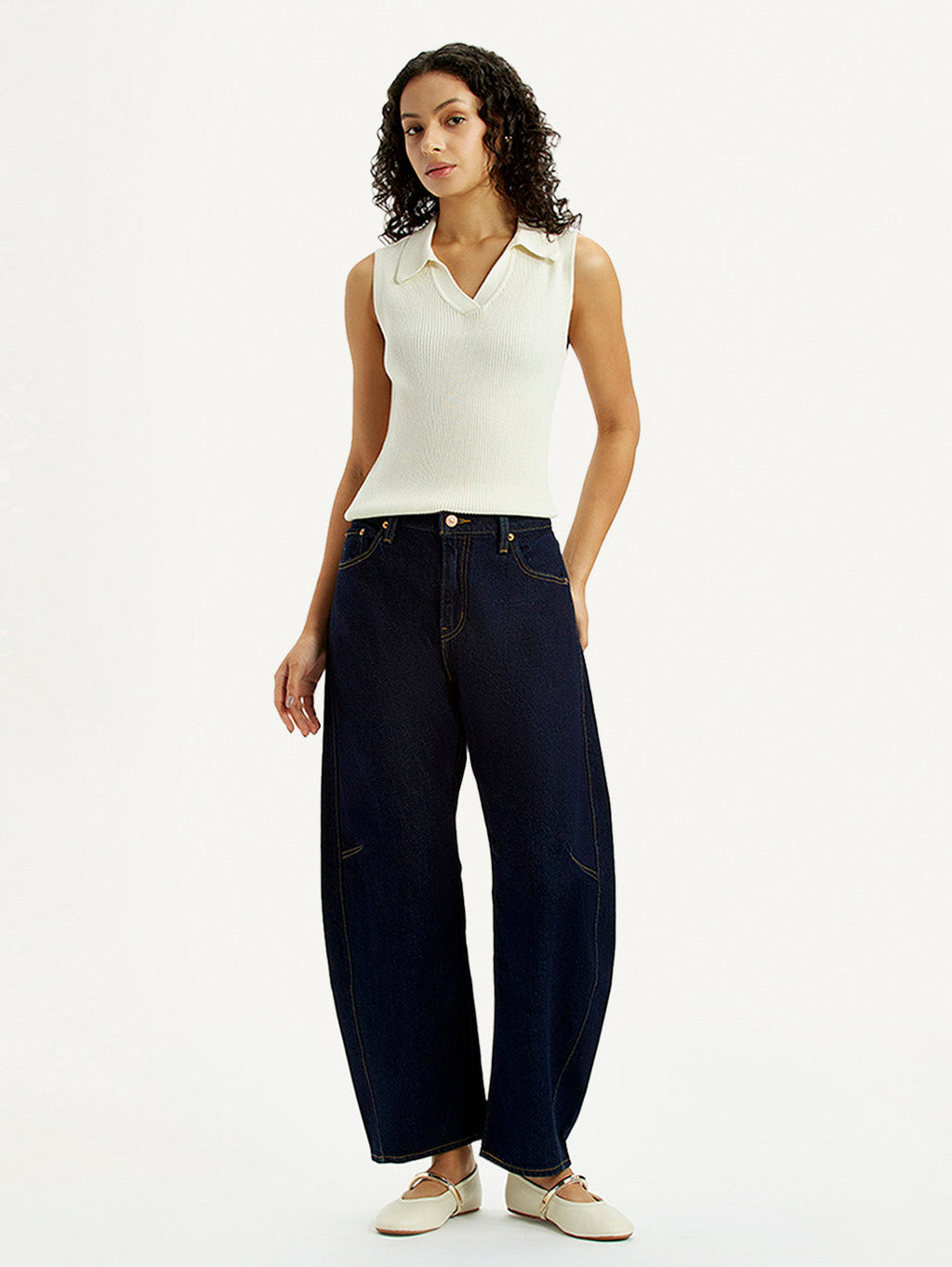 Women's Dark Blue Barrel Loose Fit Mid Rise Jeans