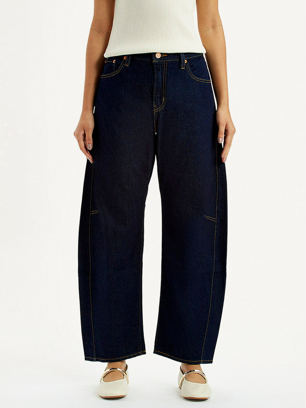 Women's Dark Blue Barrel Loose Fit Mid Rise Jeans