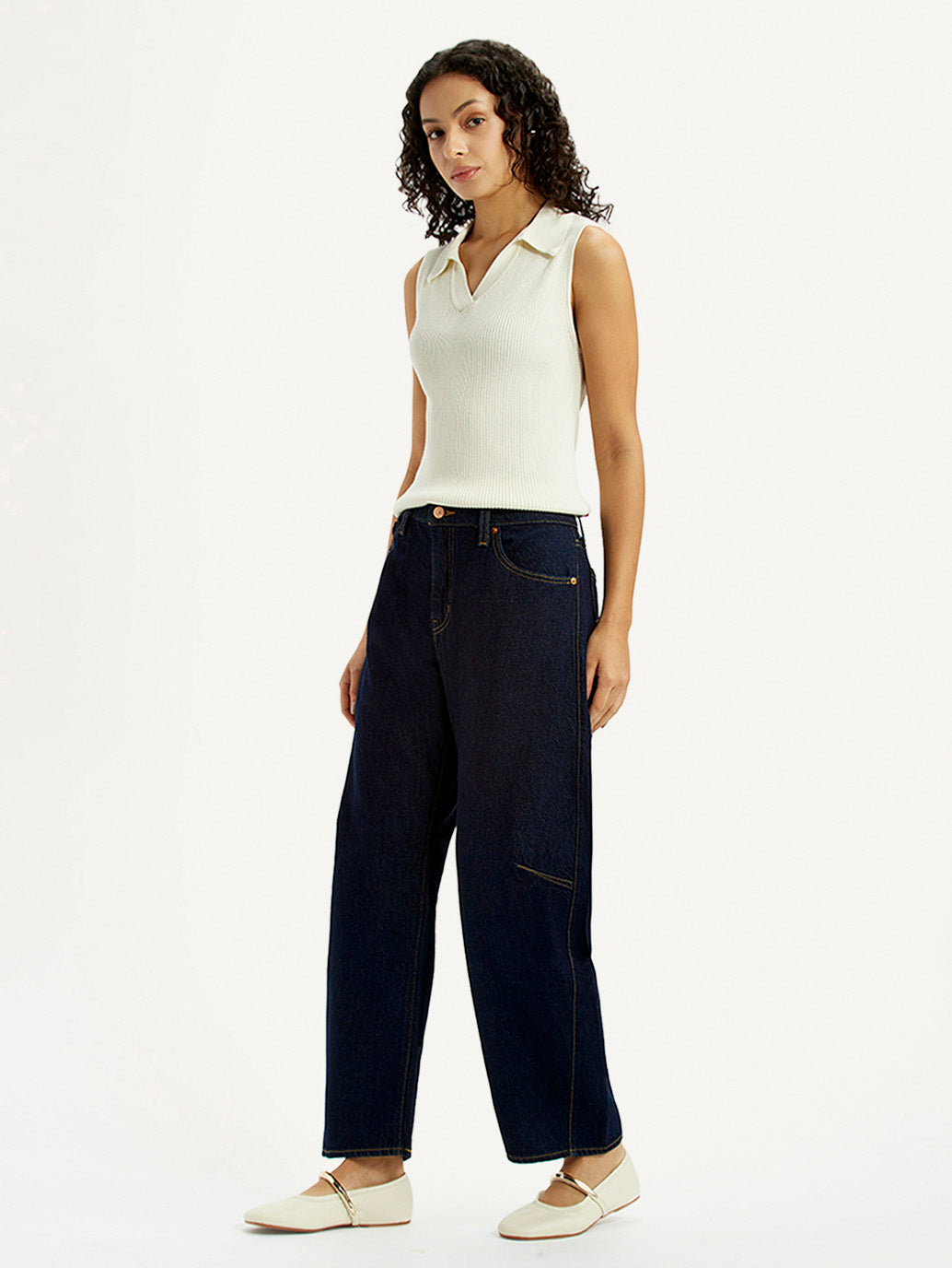 Women's Dark Blue Barrel Loose Fit Mid Rise Jeans