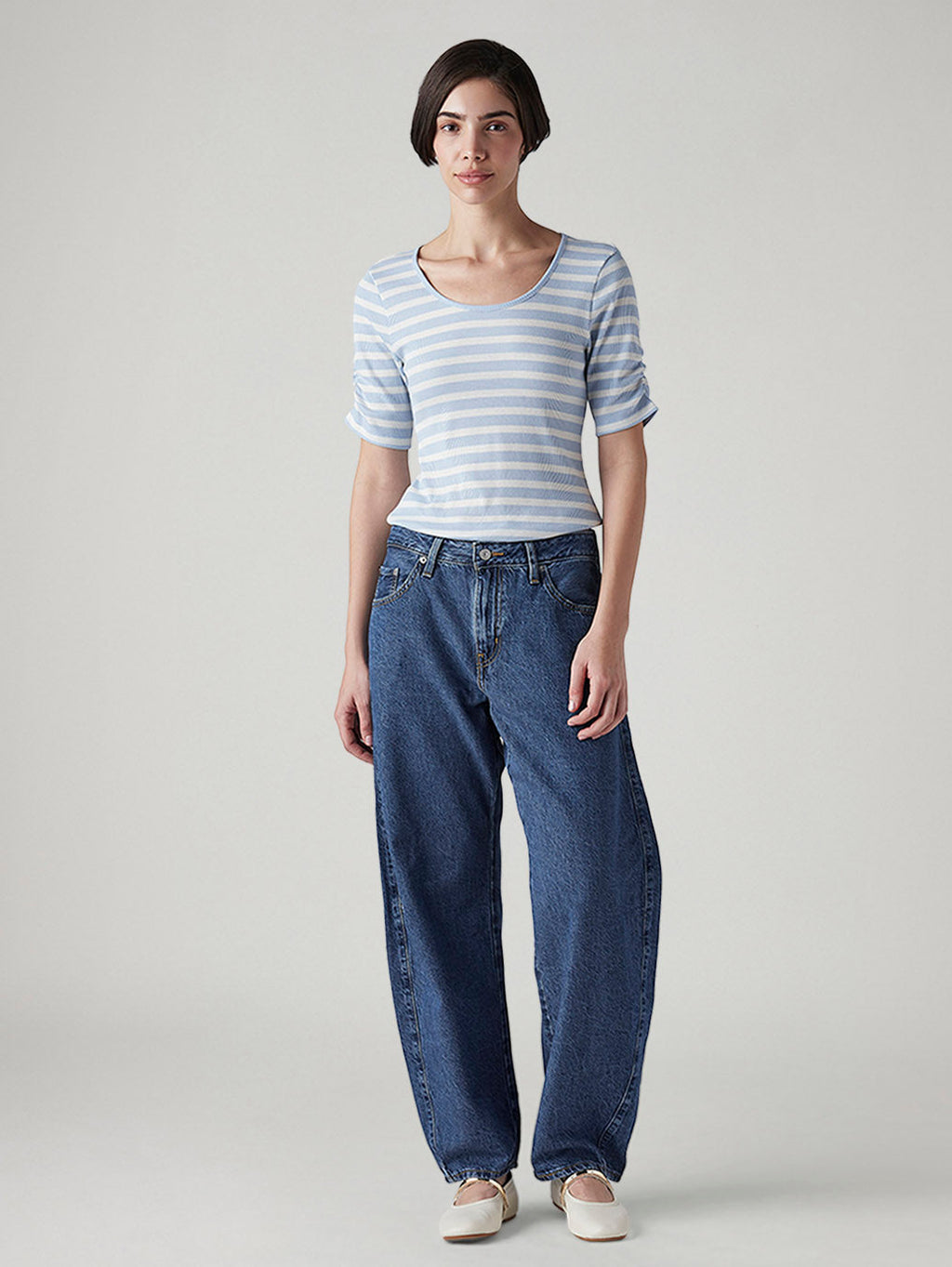 Women's Med Indigo Baggy Dad Barrel Loose Fit Mid Rise Jeans