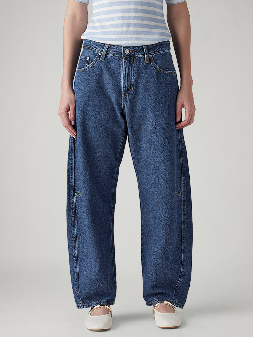 Women's Med Indigo Baggy Dad Barrel Loose Fit Mid Rise Jeans
