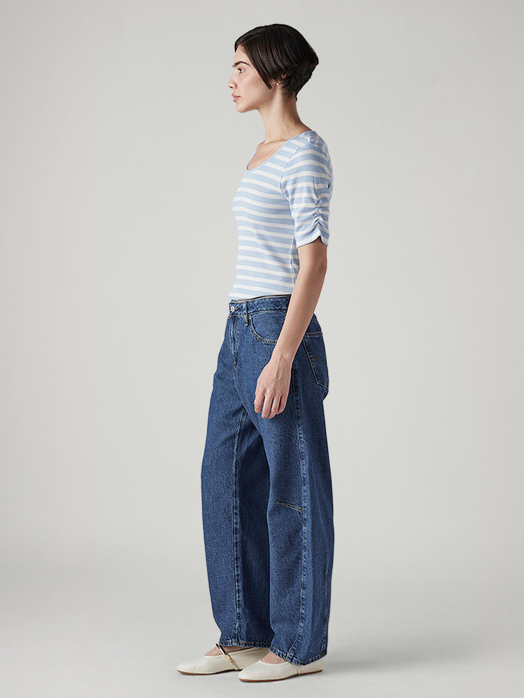 Women's Med Indigo Baggy Dad Barrel Loose Fit Mid Rise Jeans