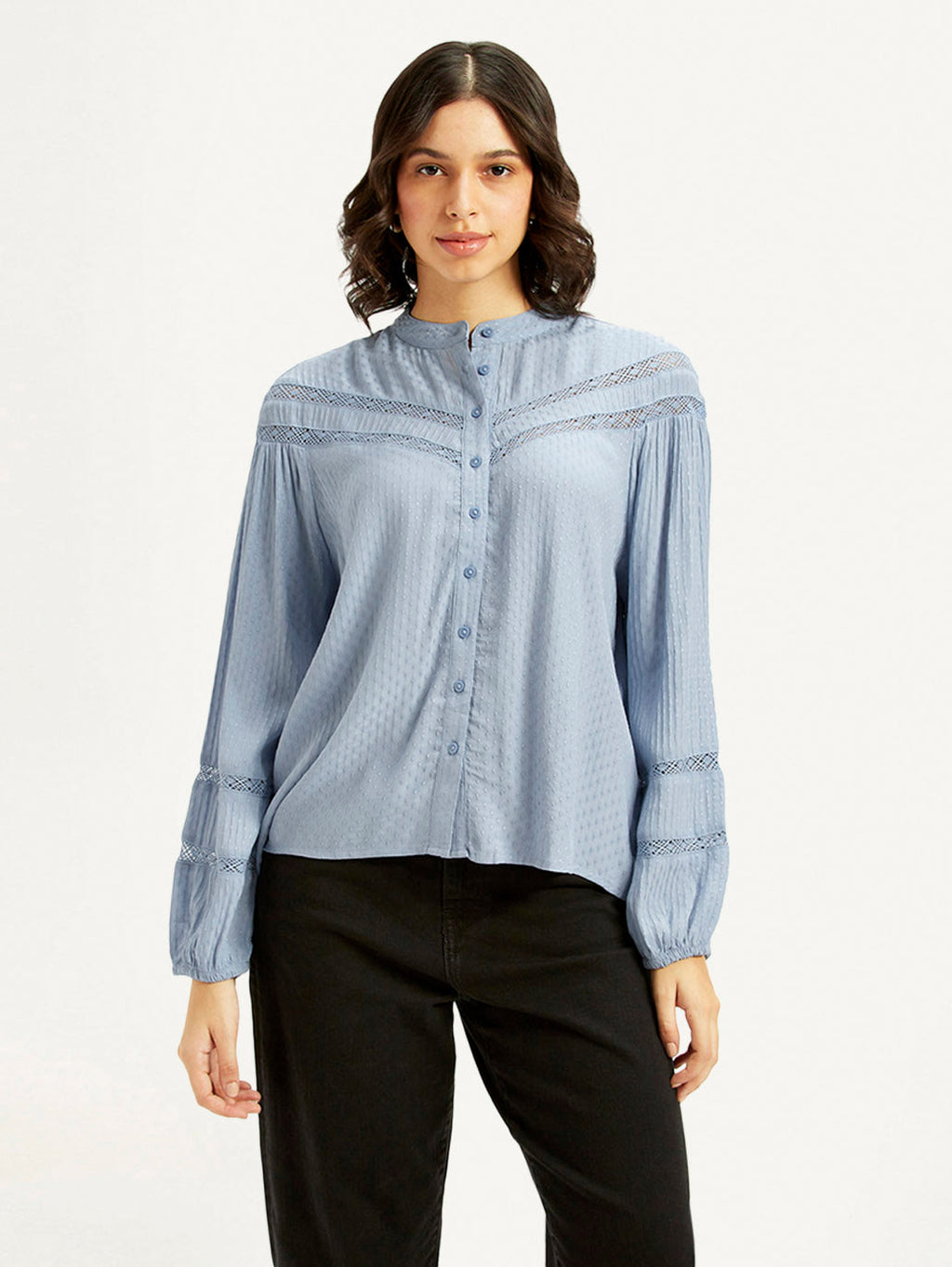 Women's Self Design Blue Mandarin Collar Top