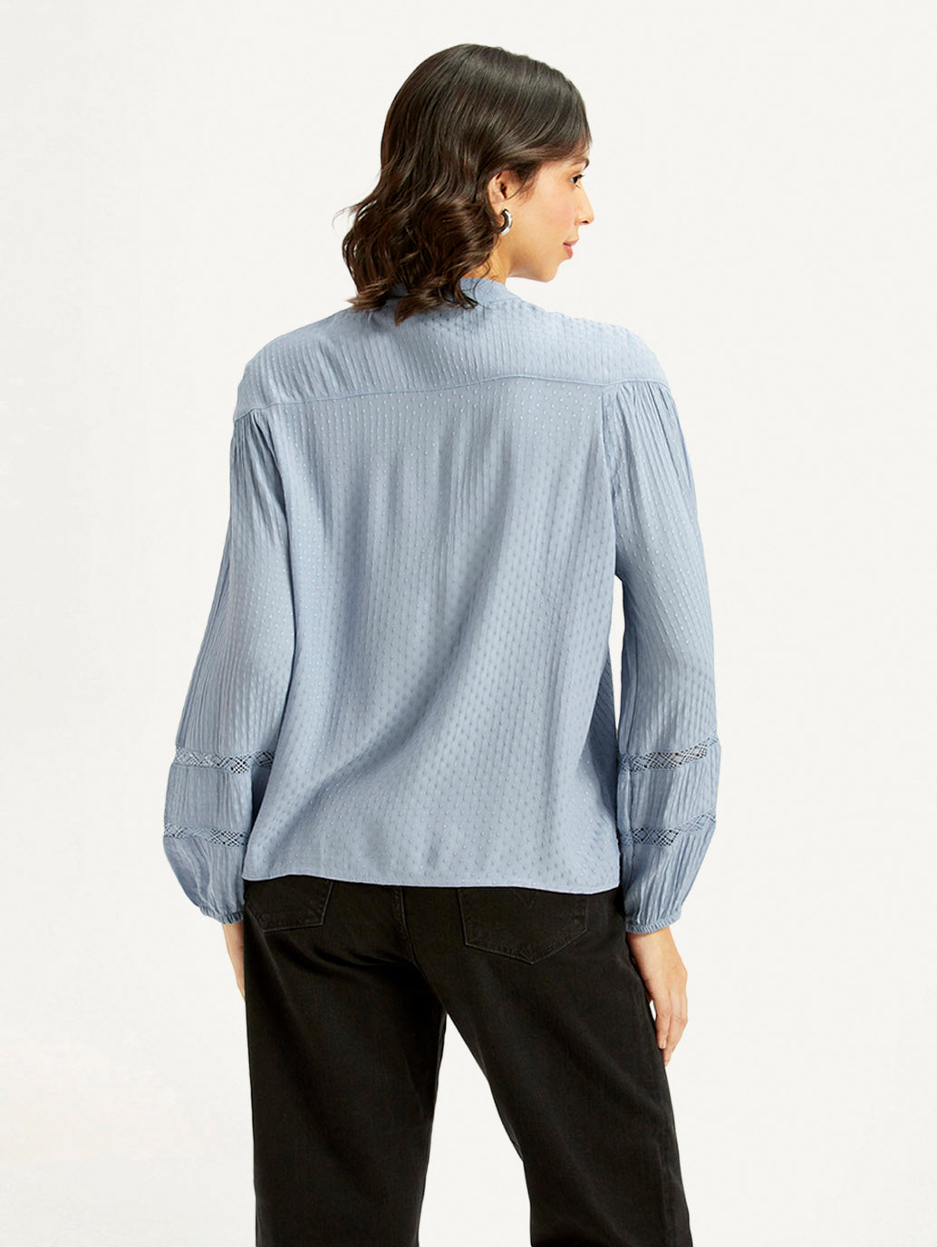 Women's Self Design Blue Mandarin Collar Top