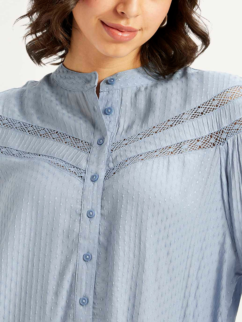 Women's Self Design Blue Mandarin Collar Top