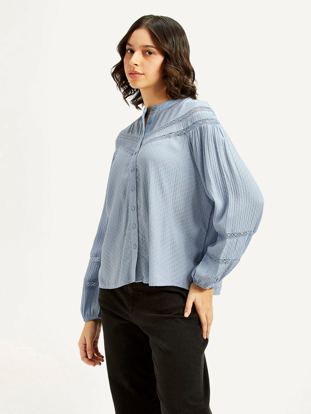 Women's Self Design Blue Mandarin Collar Top