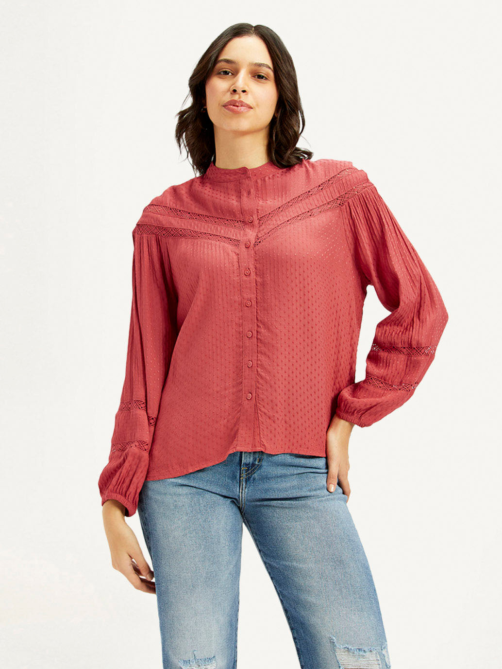 Women's Self Design Red Mandarin Collar Top