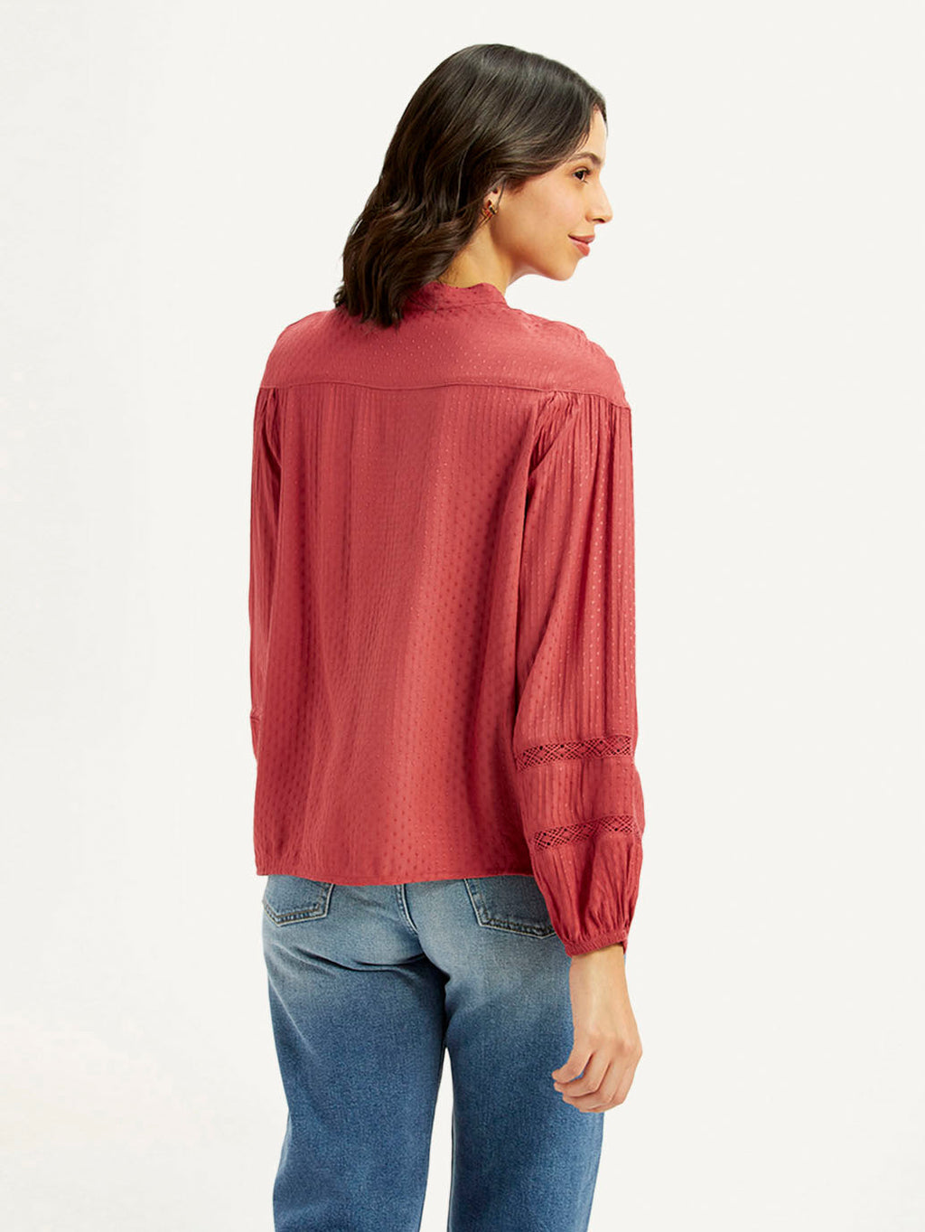 Women's Self Design Red Mandarin Collar Top