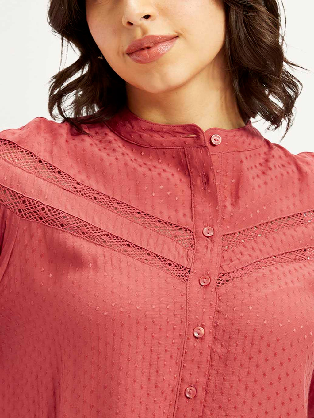 Women's Self Design Red Mandarin Collar Top