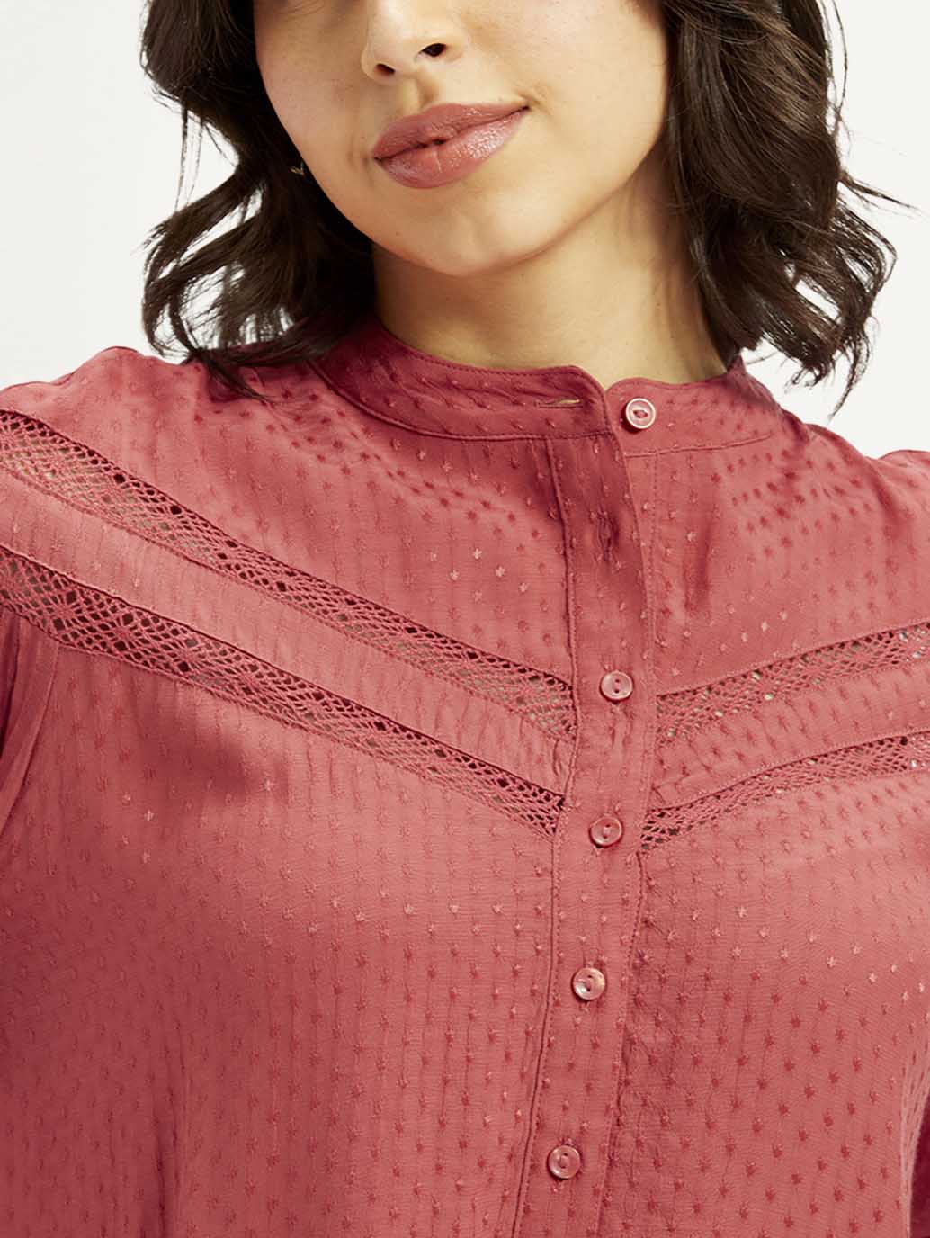 Women's Self Design Red Mandarin Collar Top
